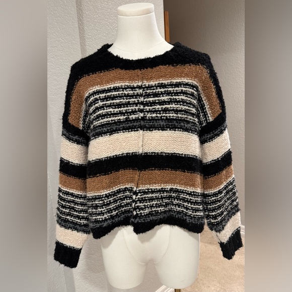 Saltwater Luxe Lizzy Striped Black & Tan Cozy Crewneck Sweater - Picture 5 of 15